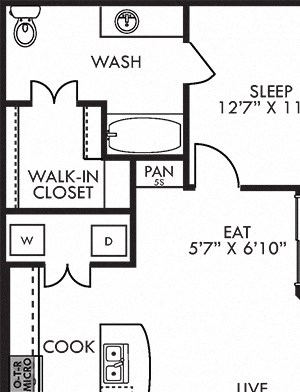 The Mockingbird The Mockingbird. 1 bedroom apartment. Kitchen with island open to living/dinning rooms. 1 full bathroom. Walk-in closet. Patio/balcony.